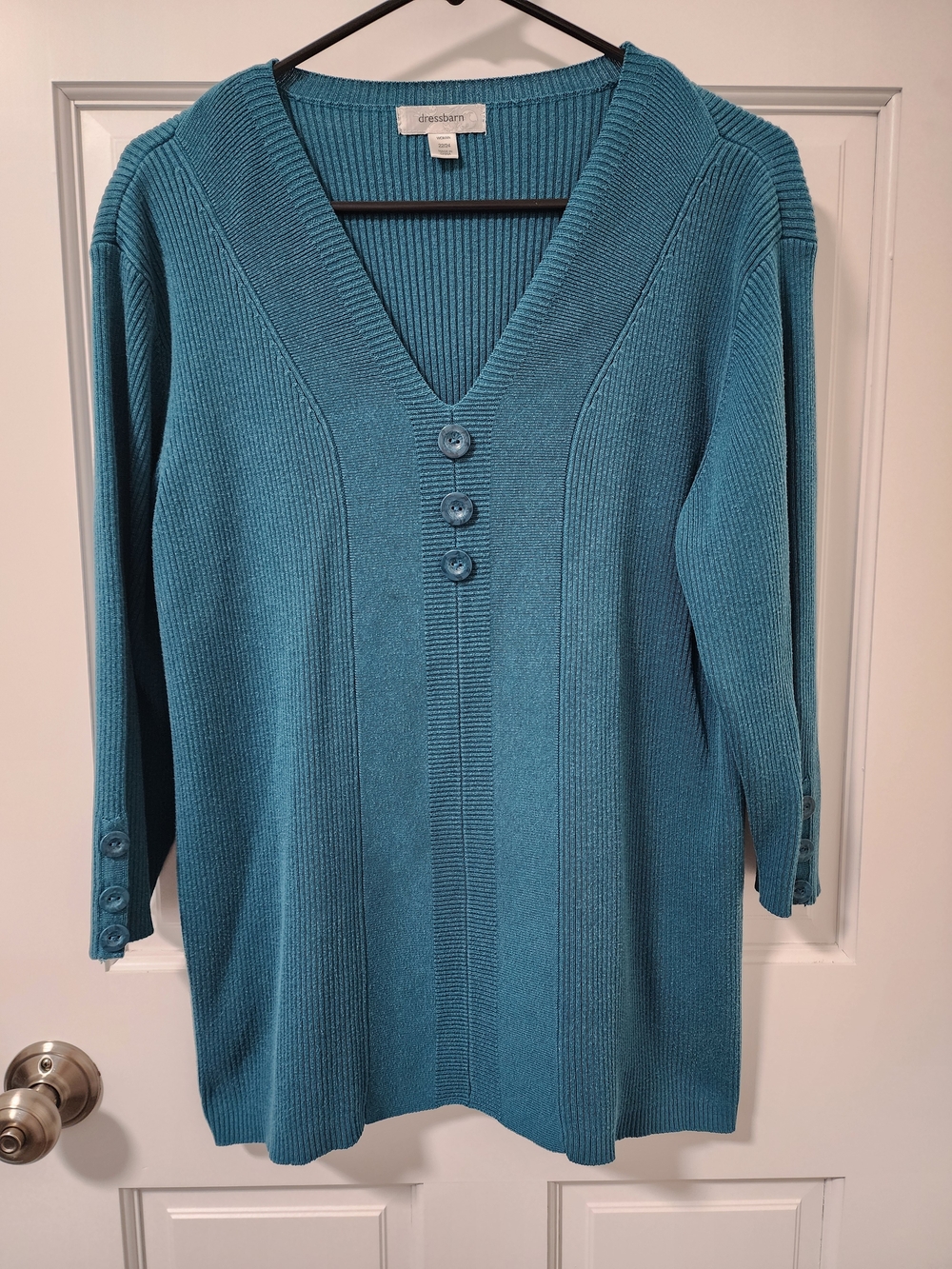 Dressbarn Teal V-Neck Button Ribbed Sweater
